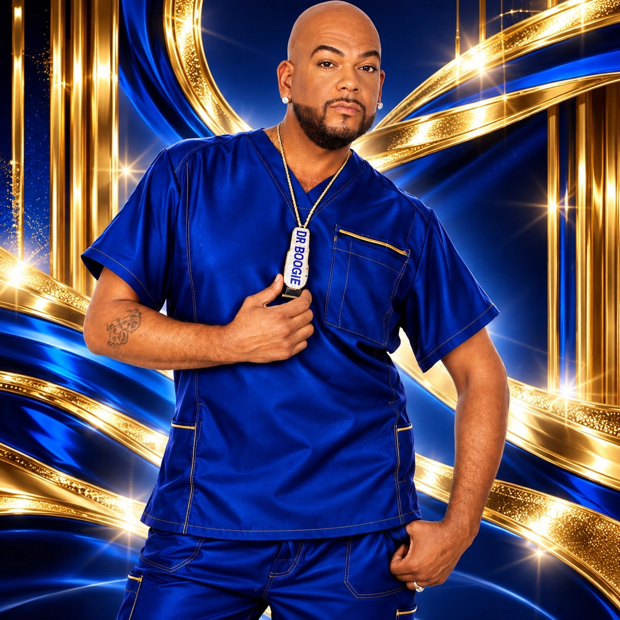 Dr. Boogie in royal blue with his signature DR BOOGIE necklace