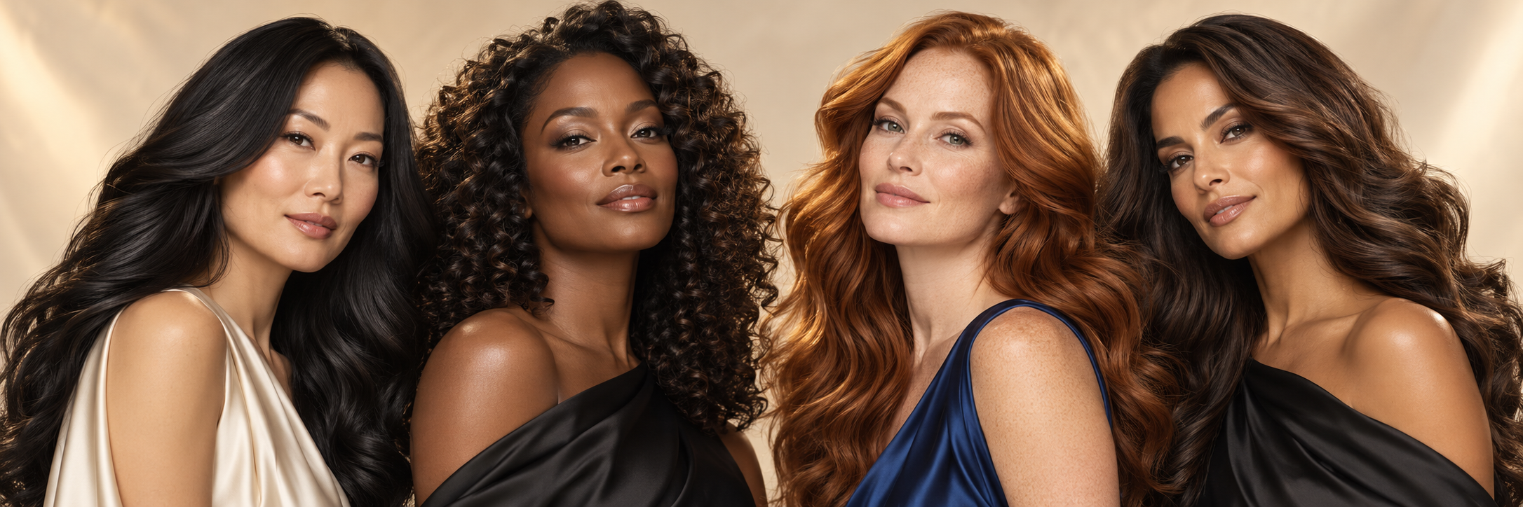 Four women with different skin tones and beautifully styled hair in an elegant beauty campaign